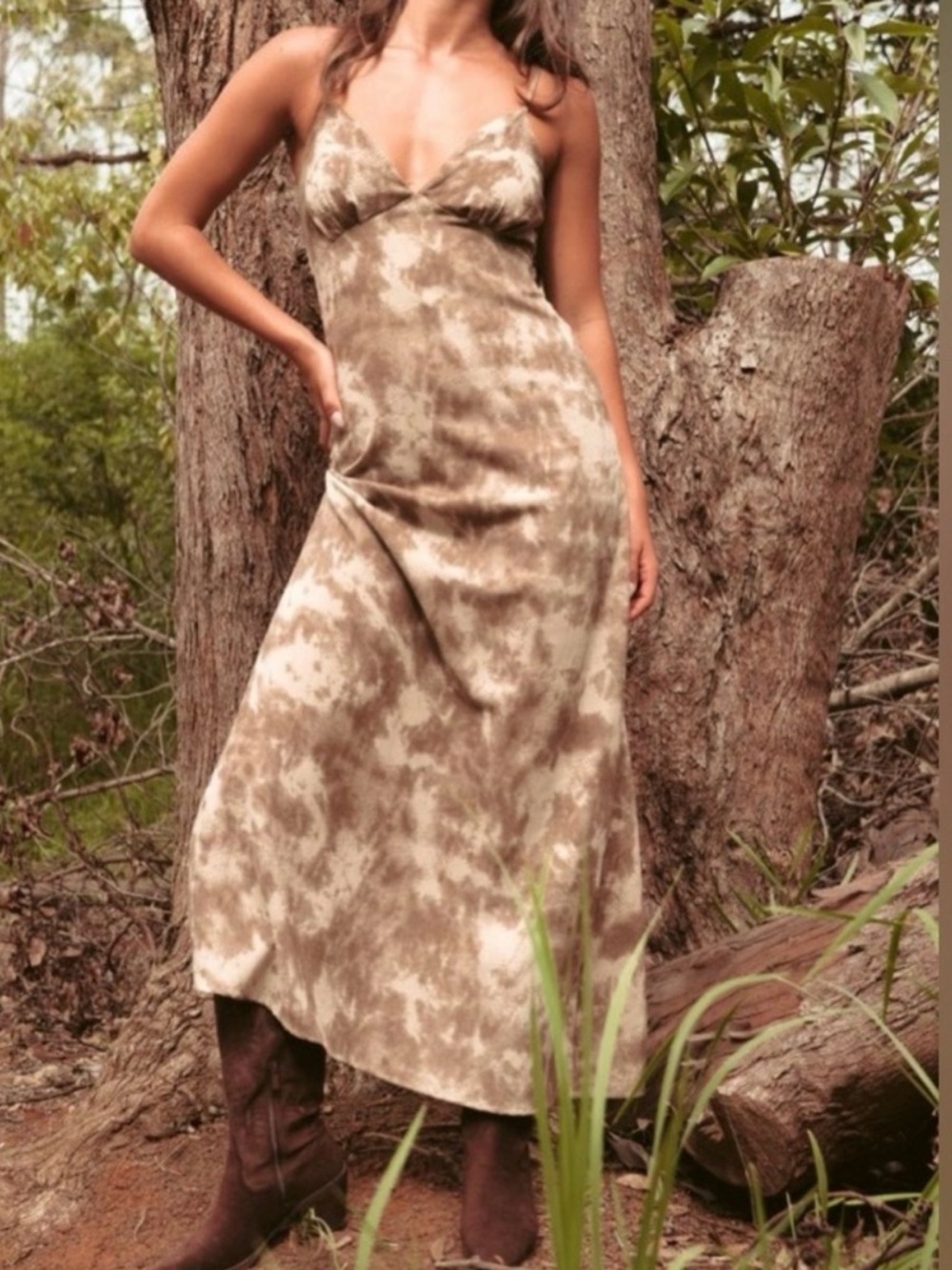 Paperheart Anthropologie Tie Dye Maxi Dress Sz 8 Boho Neutral V-Neck NWT
